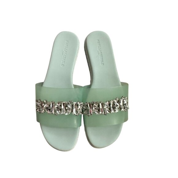 KARL LAGERFELD Mint Green Jeweled Rhinestone Slide Sandals Size 7 - Picture 7 of 10
